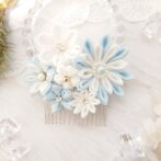 爽やかブルーのフラワーコーム つまみ細工 一点物